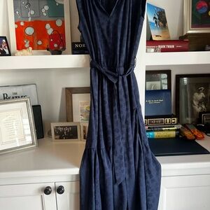Sleeveless Navy Midi Dress with Self Tie Waist